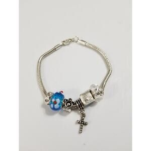 Beaded snake chain bracelet silvertone blue beads angel bible 7" b52*